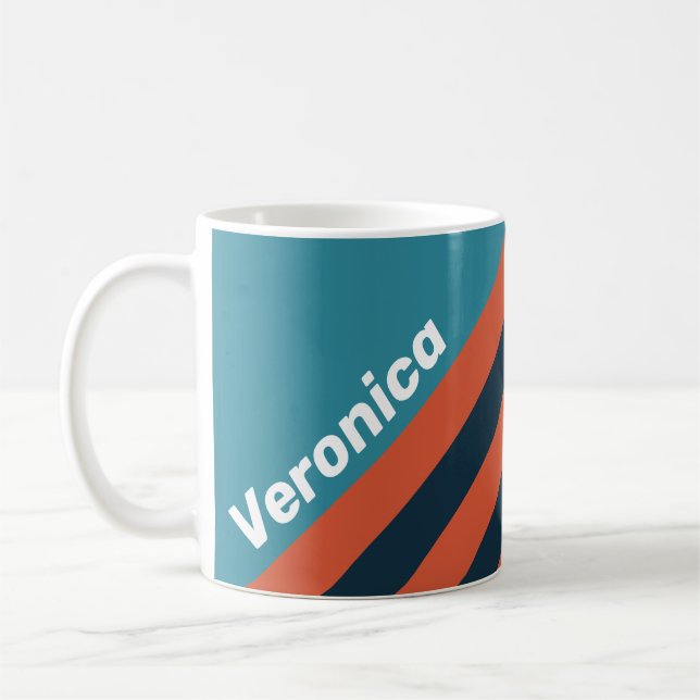 Retro Teal Splash Stripes with Name Coffee Mug (Left)