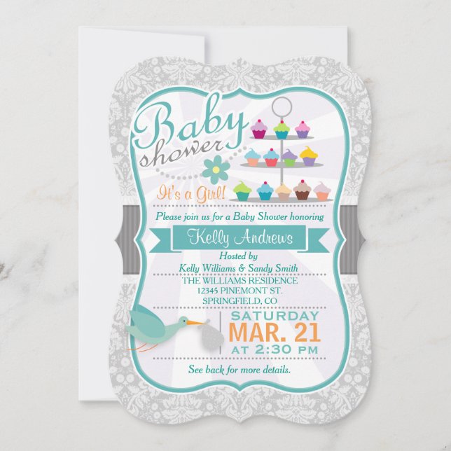 Retro Teal Stork; Light Gray Damask Baby Shower Invitation (Front)