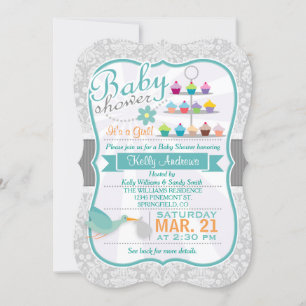Retro Teal Stork; Light Gray Damask Baby Shower Invitation