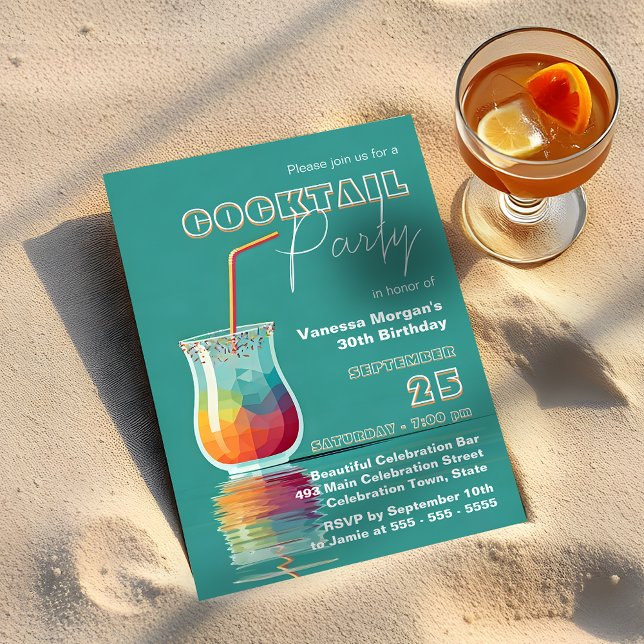 Retro Teal Tropical Cocktail 30th Birthday Party Invitation (Creator Uploaded)