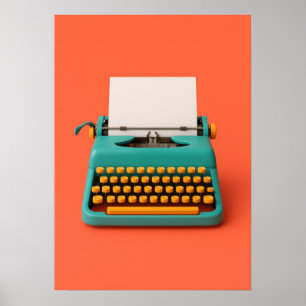 Retro Teal Typewriter on Vibrant Orange Poster