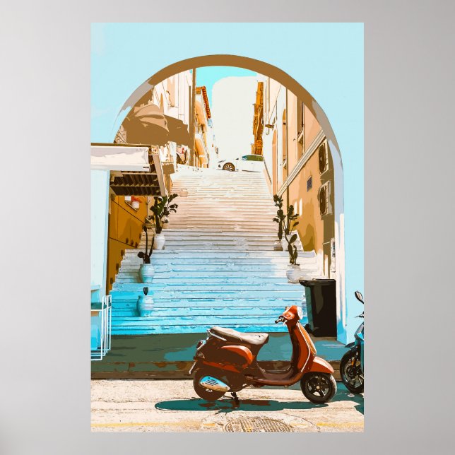 Retro Teal Warm Mediterranean Scooter Landscape Poster (Front)
