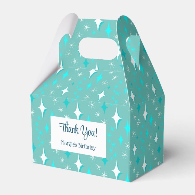 Retro Teal White Atomic Stars Editable Thank You Favor Boxes (Front Side)