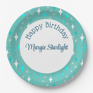 Retro Teal White Atomic Stars Pattern Editable Paper Plates