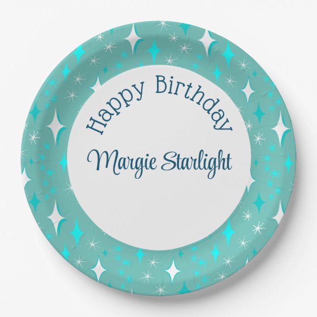 Retro Teal White Atomic Stars Pattern Editable Paper Plates (Front)