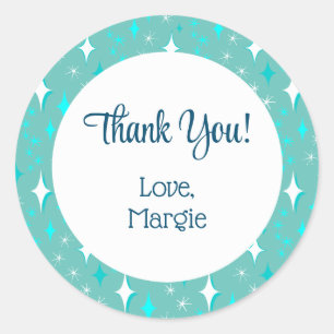 Retro Teal White Stars Editable Thank You Stickers