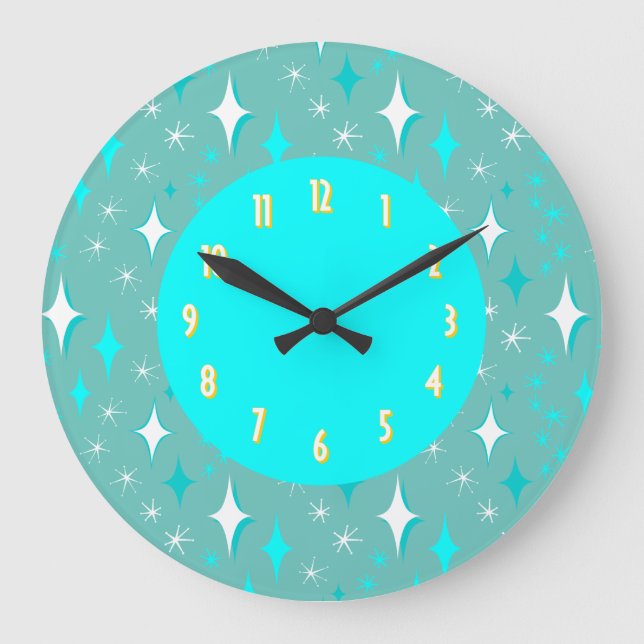 Retro Teal White Stars Yellow Numbers Large Clock (Front)