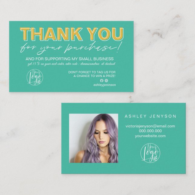 Retro teal yellow photo logo order thank you business card (Front/Back)