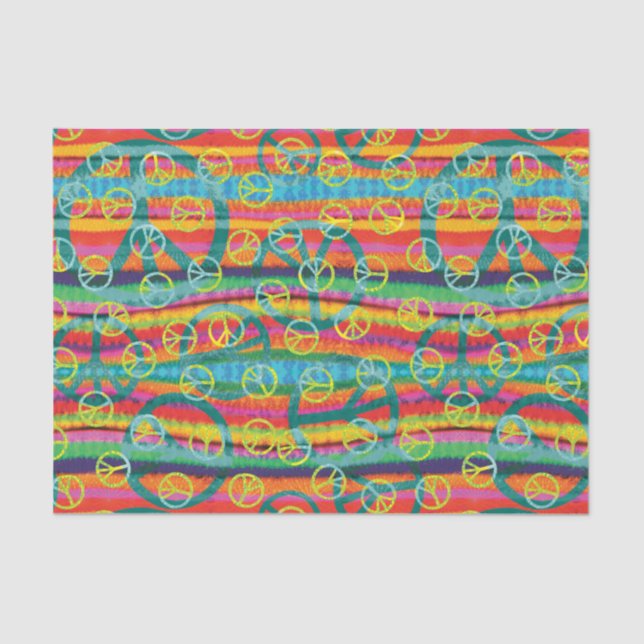 Retro Teal Yellow Tie Dye Peace Signs Tissue Paper (Front)