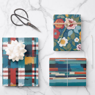 Retro Teals Plaid Floral and Line Set of 3 Wrapping Paper Sheets