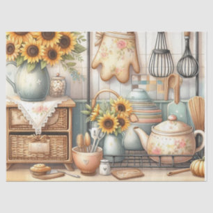 Retro Teapots and Sunflowers Kitchen Watercolor Tissue Paper