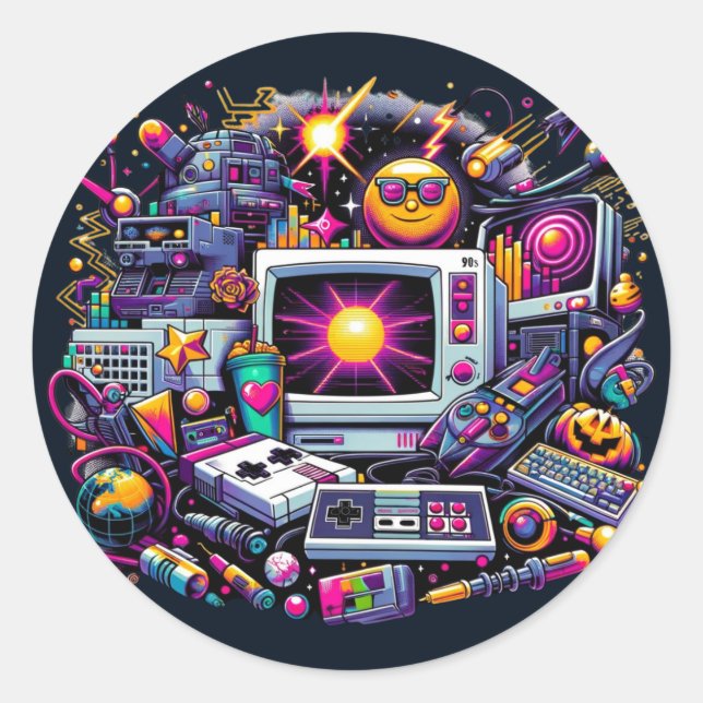 Retro Tech Playground: A Nostalgic 90s Odyssey Classic Round Sticker (Front)