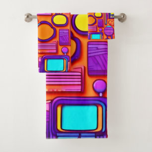 Retro Tech Pop: Nostalgic Gadget Collage Bath Towel Set