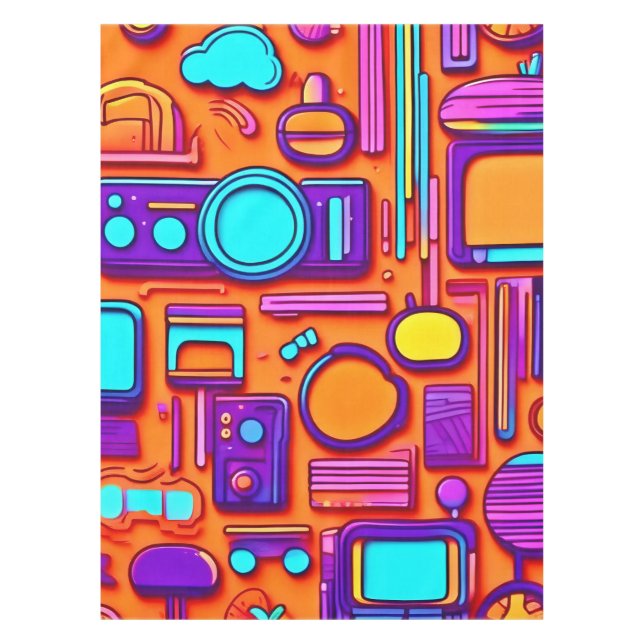 Retro Tech Pop: Nostalgic Gadget Collage Tablecloth (Front)