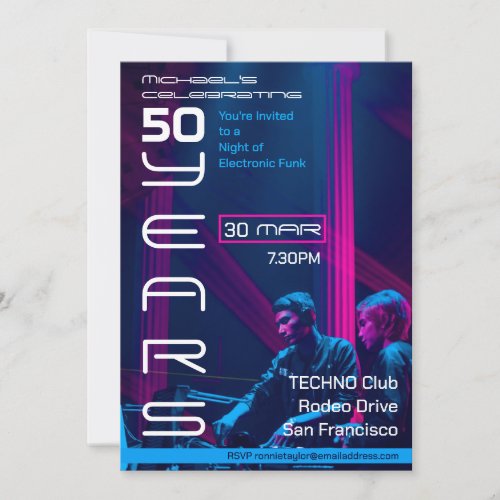 Retro Techno Music 50th Birthday Party Invitation