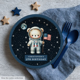 Retro Teddy Bear Astronaut First Birthday Party Paper Plates