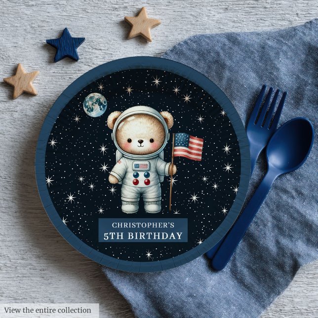 Retro Teddy Bear Astronaut First Birthday Party Paper Plates (Retro Teddy Bear Astronaut First Birthday Party Paper Plates )