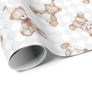 Retro Teddy Bear nostalgia Ruffle checkered Wrapping Paper