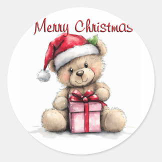 Retro Teddy Beer Merry Christmas Classic Round  Classic Round Sticker