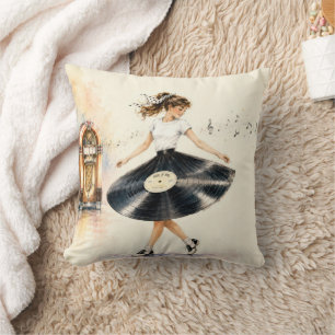 Retro Teenage Girl Dancing to the Jukebox Throw Pillow
