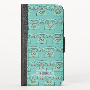 Retro Telephone Cute Teal Pattern Personalised iPhone XS Wallet Case