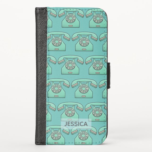 Retro Telephone Cute Teal Pattern Personalised iPhone Wallet Case (Front)
