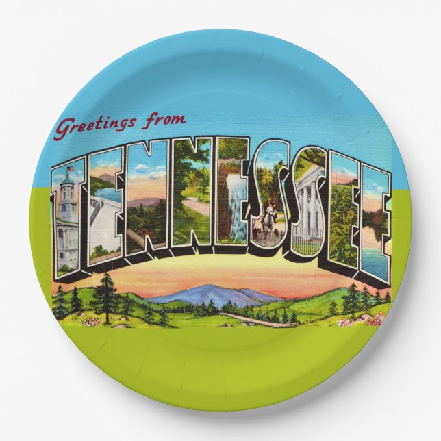 Retro Tennessee Greeting Postcard Paper Plates (Front)