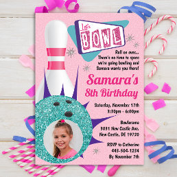 Retro Tenpin Bowling Party in Pink &amp; Teal Photo Invitation