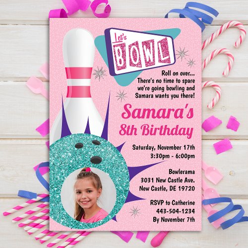 Retro Tenpin Bowling Party in Pink  Teal Photo Invitation
