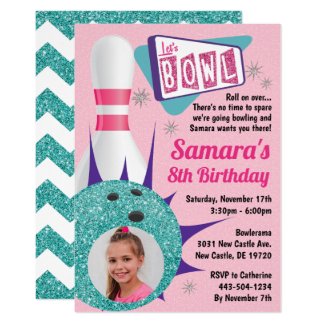 Retro Tenpin Bowling Party in Pink & Teal Photo Invitation