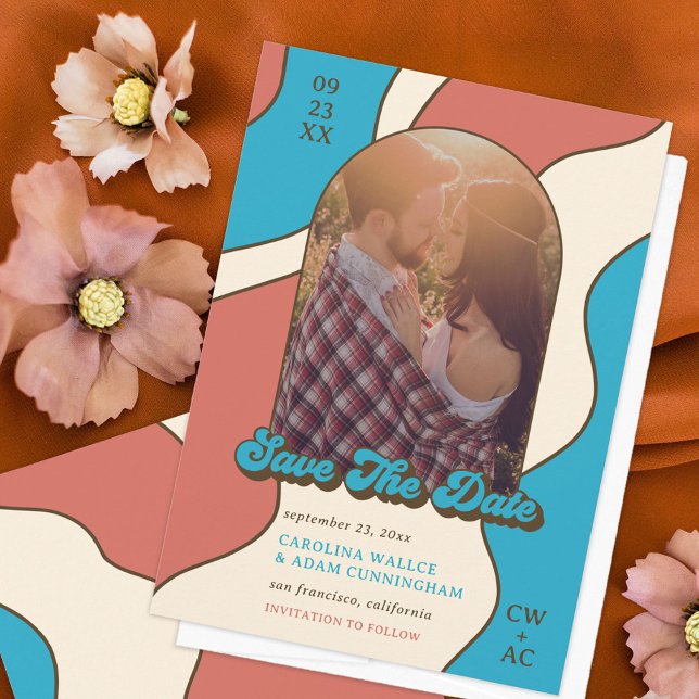 Retro Terracotta and Sky Blue 70s Graphic Art Save The Date (Creator Uploaded)