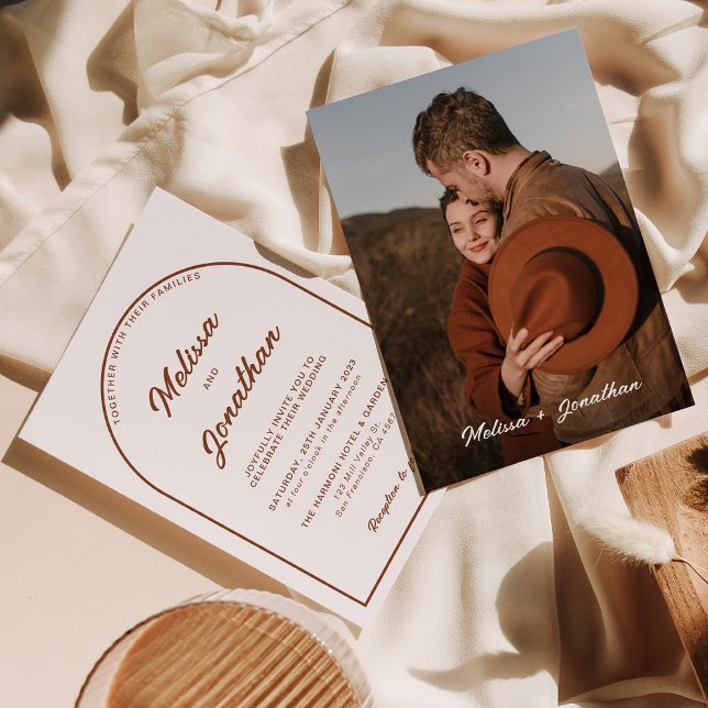 Retro Terracotta Arch Cursive Script Photo Wedding Invitation (Creator Uploaded)