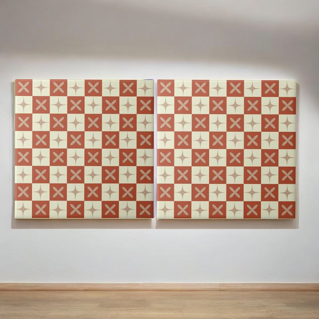 Retro Terracotta & Beige Starburst Checkered  Ceramic Tile (Creator Uploaded)