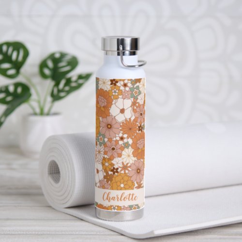 Retro Terracotta Boho Floral Personalized Name Water Bottle