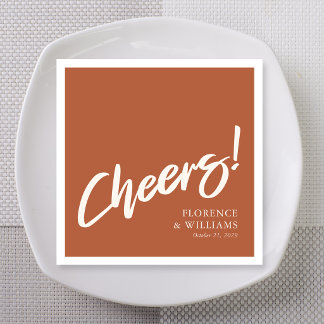 Retro Terracotta Brush Lettering Cheers Wedding Napkins