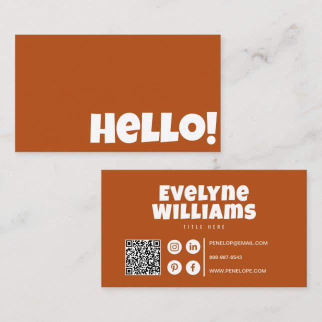 Retro Terracotta Burnt Orange QR Code Hello Modern Business Card (Front/Back)