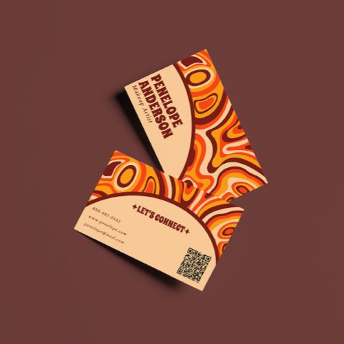 Retro Terracotta Cream Orange QR Code Boho Groovy Business Card