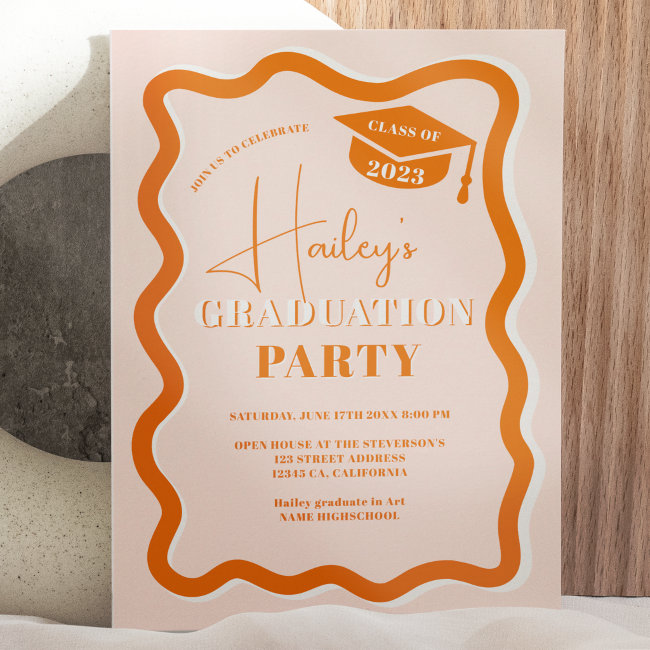 Retro terracotta curve squiggle wavy graduation invitation