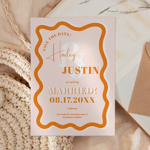Retro terracotta curve squiggle wavy photo wedding save the date