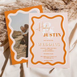 Retro terracotta curve squiggle wavy wedding photo invitation
