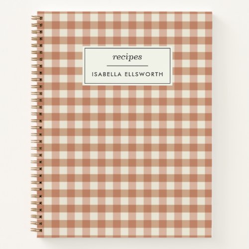 Retro Terracotta Gingham Plaid Custom Name Recipe  Notebook