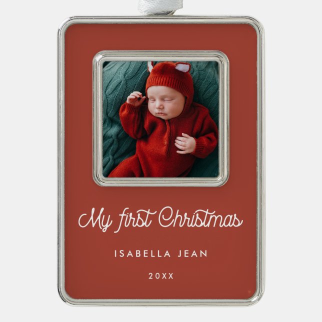 Retro Terracotta My First Christmas Baby Photo Ornament (Front)