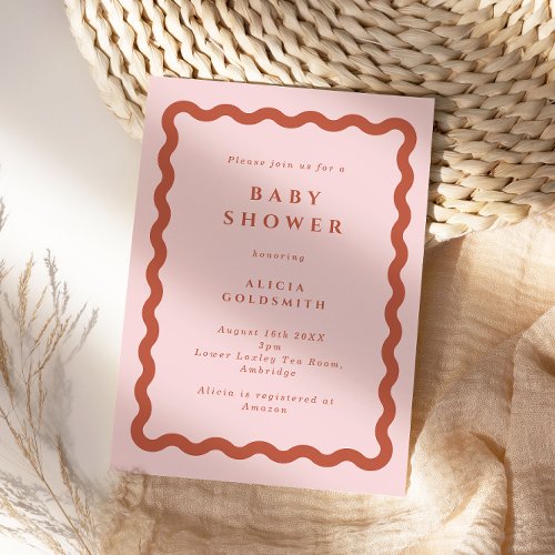 Retro Terracotta  Pink Wavy Frame Baby Shower Invitation