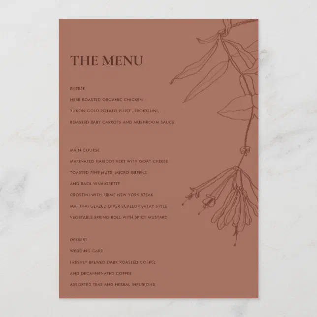 RETRO TERRACOTTA RED LINE DRAWING FLORAL MENU | Zazzle
