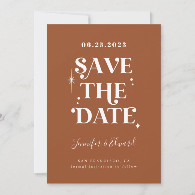 Retro Terracotta Save The Date Card (Front)