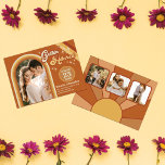 Retro Terracotta Typography Summer Sun Wedding Save The Date<br><div class="desc">This fun and groovy wedding invitation is perfect for the summer season. It features a retro sun design with 70's typography with an arch photo of the lovely couple and three more on the back. The color scheme includes terracotta, orange, mustard-yellow, and beige. It's playful, unique, boho, and hippie. It's...</div>