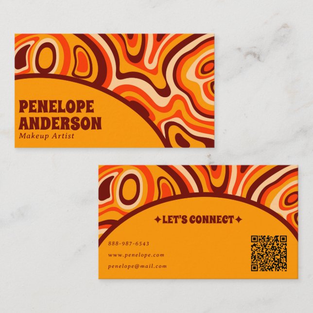 Retro Terracotta Yellow QR Code Boho Chic Groovy Business Card (Front/Back)