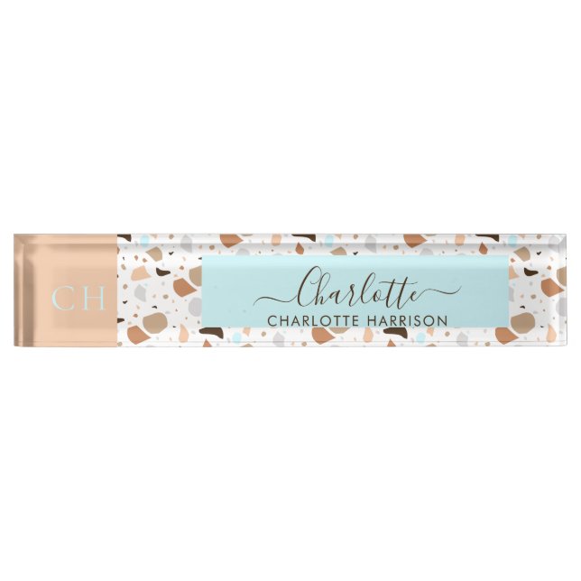 Retro Terrazzo Mosaic Earth Tones Patter Monogram Desk Name Plate (Front)