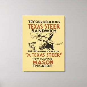 Retro Texas Steer Sandwich and theatre play ad Canvas Print