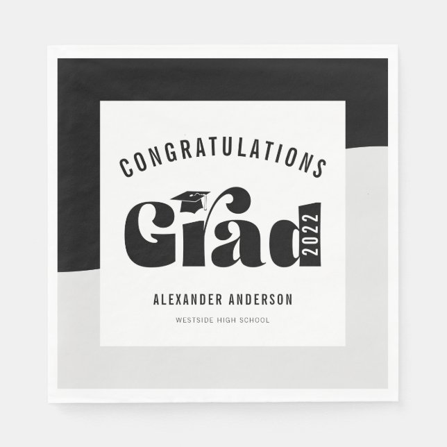 Retro Text Light Black and White Graduation Napkins (Front)